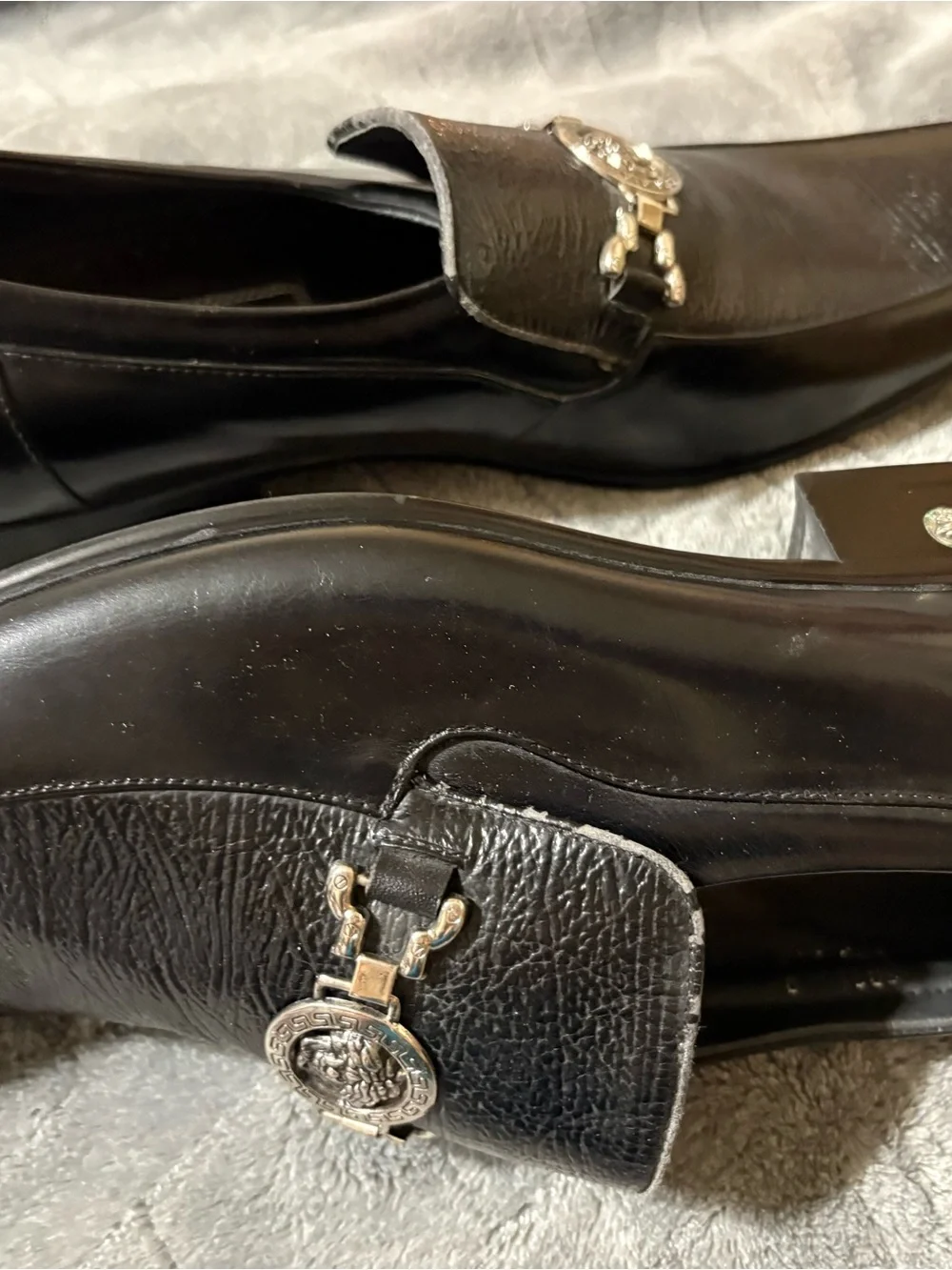 Majiling Versace Men's Black Leather Slip-On Loafers with Silver Bit Accent